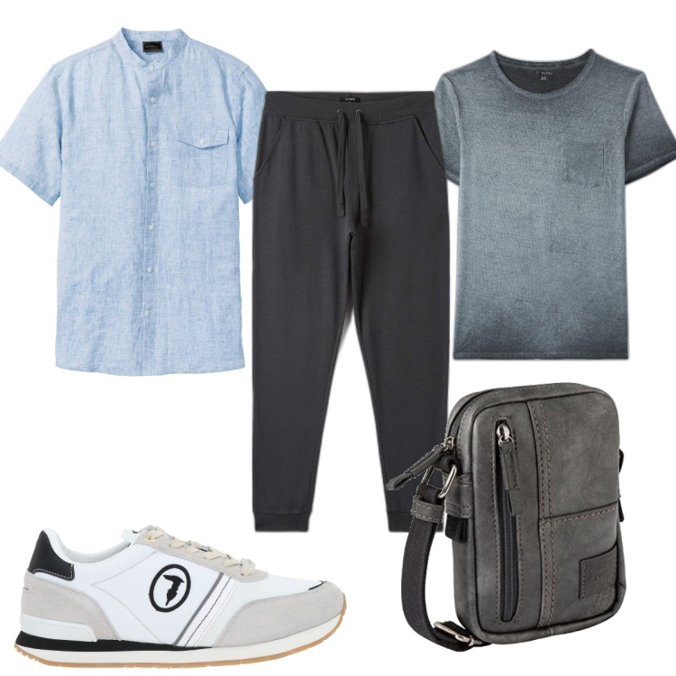 Outfit uomo - Total look #1673227. Stile Trendy per Tutti i giorni. Abbinamento con camicie a manica corta, sneakers, t-shirt, pantaloni sportivi, borse sportive.