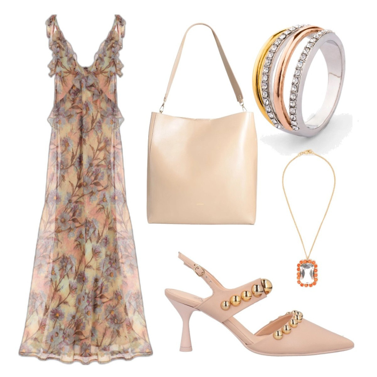 Outfit donna - Rosa bohemien. Stile Romantica per Cerimonia. Abbinamento con anelli, décolleté, borse a spalla, vestiti lunghi, ciondoli.