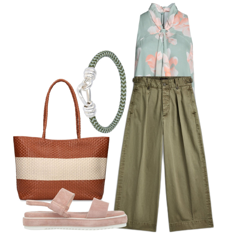 Outfit donna - Un top a fiori. Stile Bon Ton per Tutti i giorni. Abbinamento con top, sandali in pelle, pantaloni, braccialetti, shopping bag.