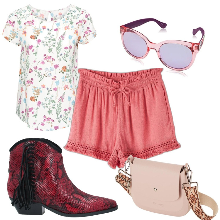 Outfit donna - Total look #1673306. Stile Boho per Tutti i giorni. Abbinamento con bluse, stivaletti, shorts, occhiali da sole, borse a spalla.