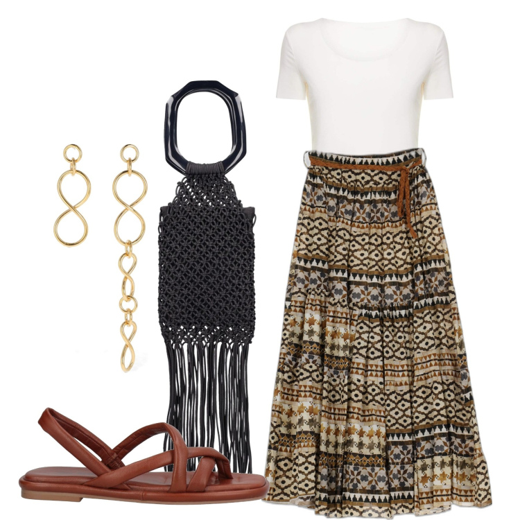 Outfit donna - Il lato boho. Stile Boho per Tutti i giorni. Abbinamento con ciabatte, gonne lunghe, t-shirt, orecchini, borse a mano.