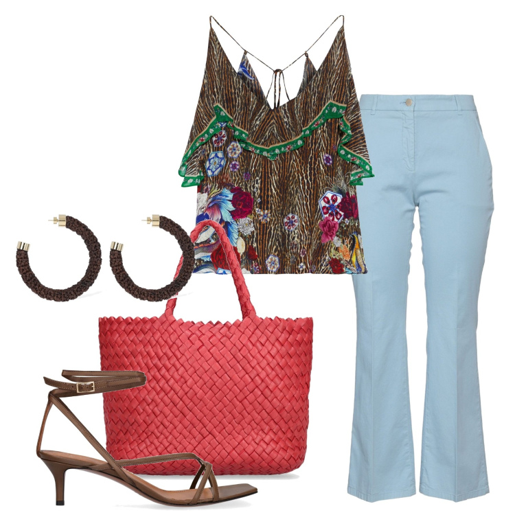 Outfit donna - Il lato estroso. Stile Chic per Serata fuori. Abbinamento con top, pantaloni, sandali in pelle, orecchini, borse a mano.