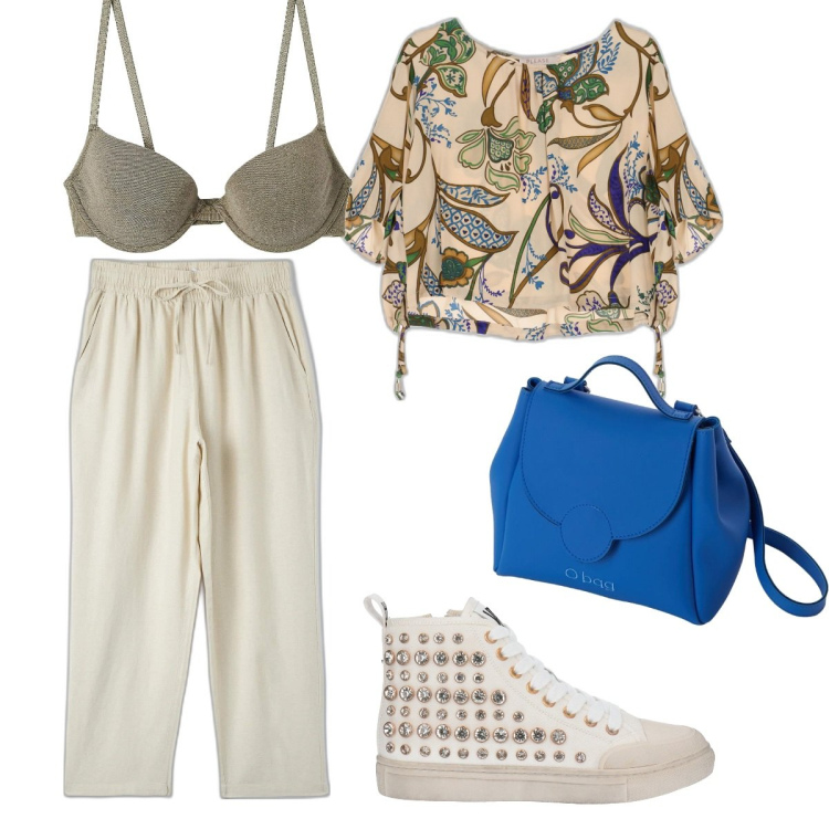 Outfit donna - Città deserta. Stile Basic per Serata fuori. Abbinamento con sneakers alte, pantaloni, reggiseni, camicie, borse a spalla.
