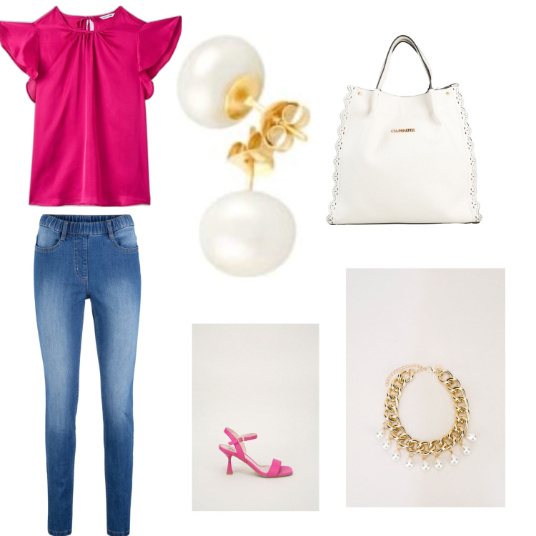 Outfit donna - Aperitivo in città. Abbinamento con jeggings, borse a mano, camicie a manica corta, sandali col tacco, braccialetti, orecchini.