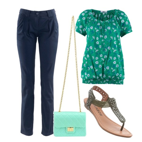 Outfit donna - Basic #15740. Stile Basic per Tutti i giorni. Abbinamento con pantaloni chino, blusa a maniche corte verde, sandali, borsa a tracolla.
