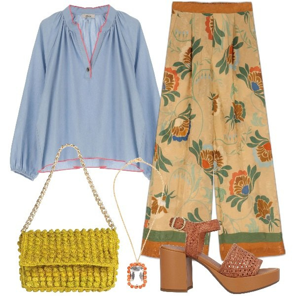 Outfit donna - Bohèmien Vibes. Stile Boho per Tutti i giorni. Abbinamento con borse a mano, sandali in pelle, ciondoli, camicie, pantaloni a palazzo.