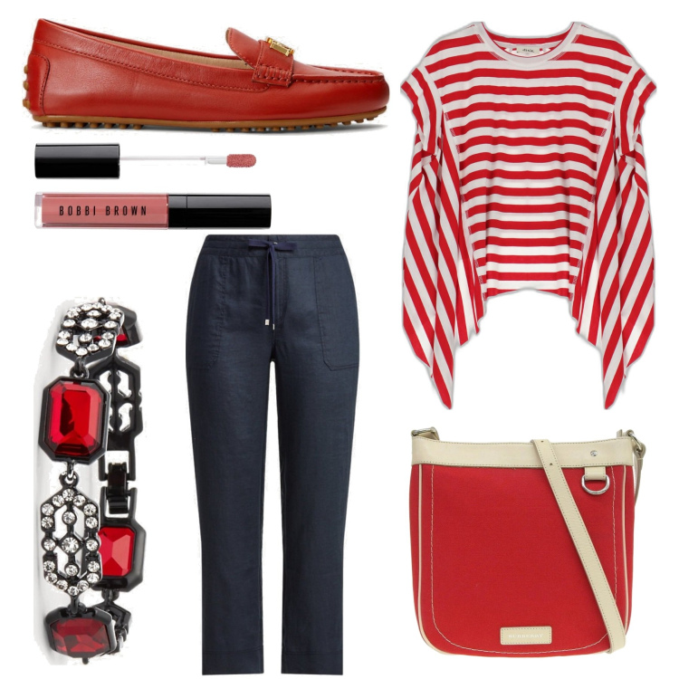 Outfit donna - Red love. Stile Casual chic per Tutti i giorni. Abbinamento con borse a spalla, mocassini, pantaloni, braccialetti, t-shirt, rossetti.