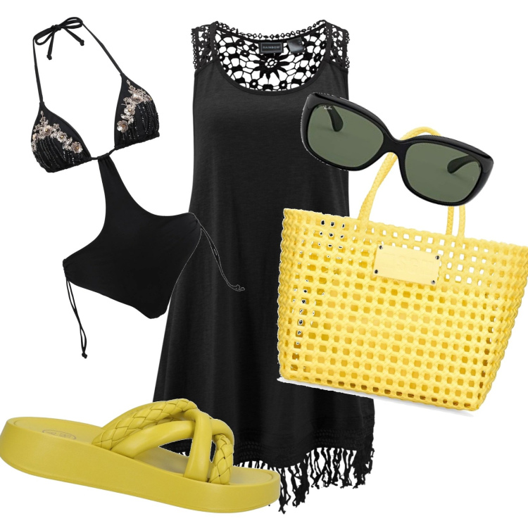 Outfit donna - Al mare con classe. Stile Basic per Mare. Abbinamento con vestiti da spiaggia, sandali in pelle, bikini, shopping bag, occhiali da sole.