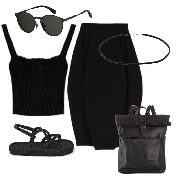 Outfit donna - Total black. Stile Trendy per Scuola/Università. Abbinamento con zaini, gonne longuette, canottiere, sandali, collane, occhiali da sole.