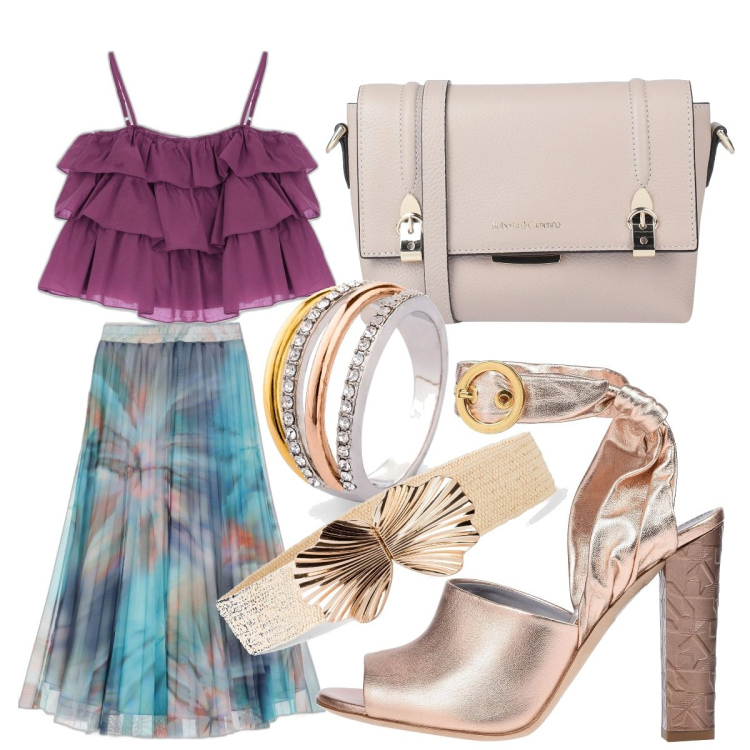 Outfit donna - Bohemien spring. Stile Boho per Serata fuori. Abbinamento con cinture, anelli, sandali in pelle, borse a tracolla, gonne lunghe, top.