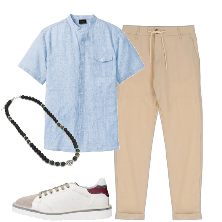 Outfit uomo - Aperitivo. Stile Trendy per Serata speciale. Abbinamento con camicie a manica corta, sneakers, pantaloni, collane.