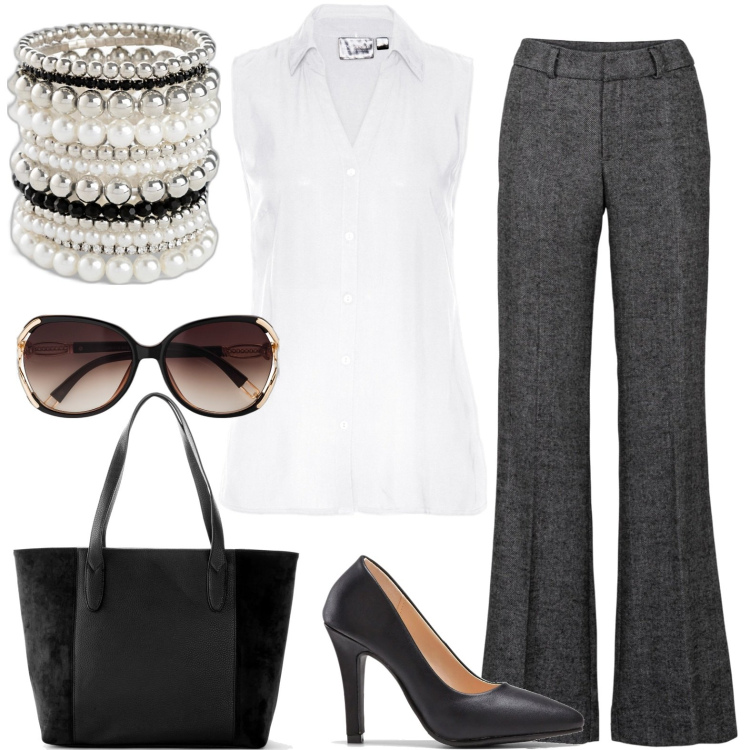 Outfit donna - Classico e semplice per l\'ufficio. Stile Casual chic per Ufficio. Abbinamento con pantaloni a palazzo, braccialetti, shopping bag, occhiali da sole, camicie, décolleté.