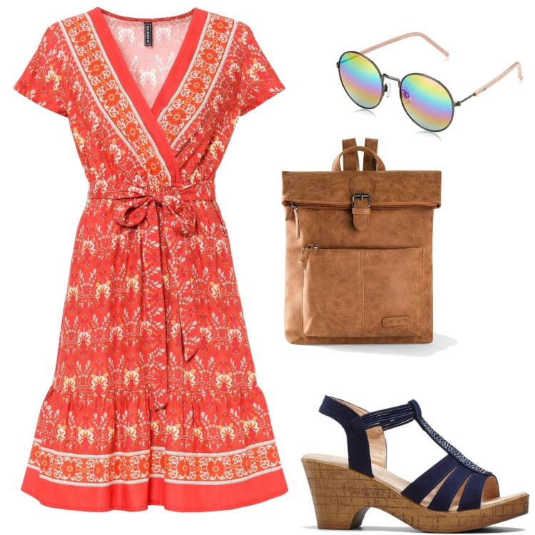 Outfit donna - Andiamo in giro. Stile Boho per Tutti i giorni. Abbinamento con zaini, vestiti, sandali, occhiali da sole.