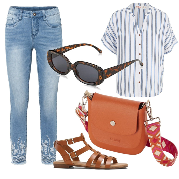 Outfit donna - Street style. Stile Casual per Tutti i giorni. Abbinamento con camicie, jeans skinny, sandali, borse a spalla, occhiali da sole.