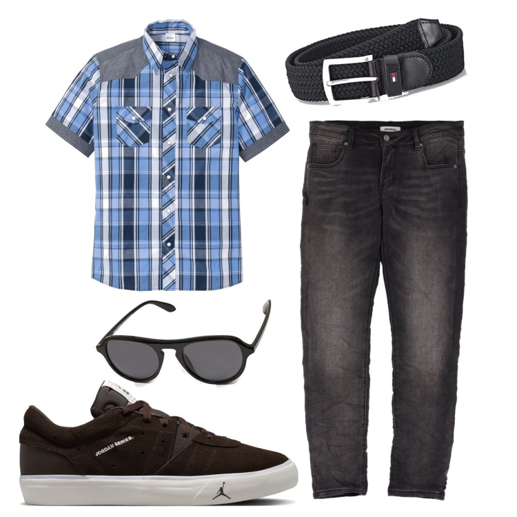Outfit uomo - Camicia a quadri. Stile Urban per Tutti i giorni. Abbinamento con camicie a manica corta, jeans slim fit, occhiali da sole, sneakers, cinture.