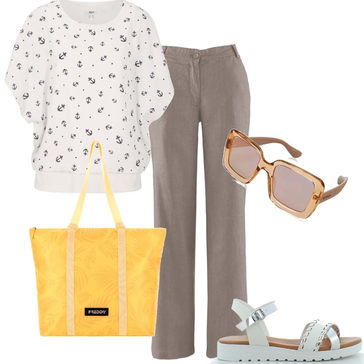 Outfit donna - Basic di giorno. Stile Basic per Tutti i giorni. Abbinamento con pantaloni, bluse, borse tote, sandali in pelle, occhiali da sole.