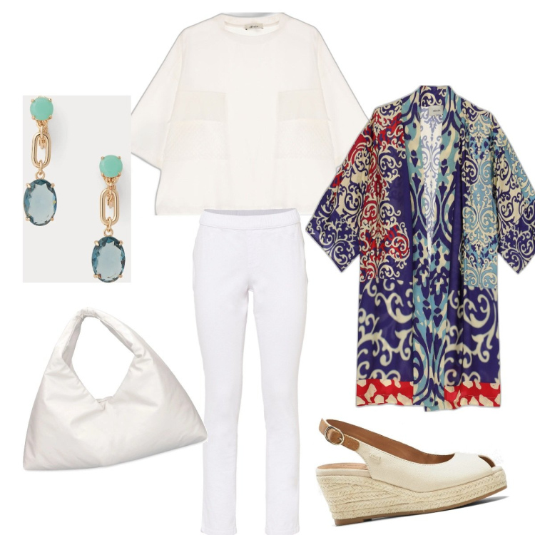 Outfit donna - Aperitivo con l'amica del cuore. Stile Basic per Tutti i giorni. Abbinamento con orecchini, t-shirt, cardigans, jeggings, borse a spalla, sandali.