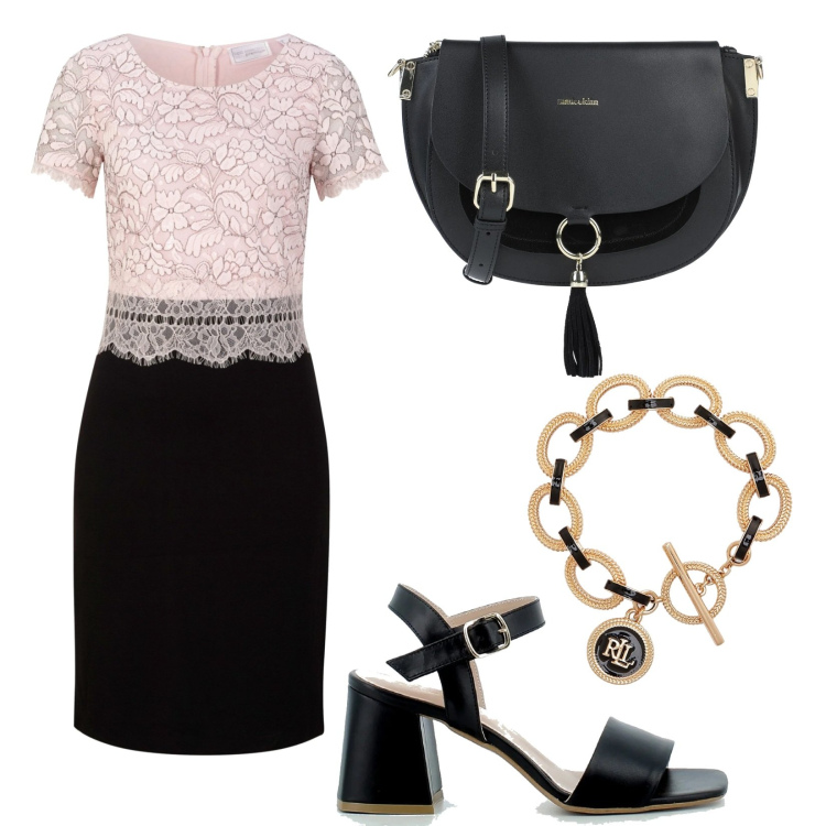 Outfit donna - Si festeggia!. Stile Bon Ton per Serata fuori. Abbinamento con vestiti, borse a tracolla, sandali in pelle, braccialetti.