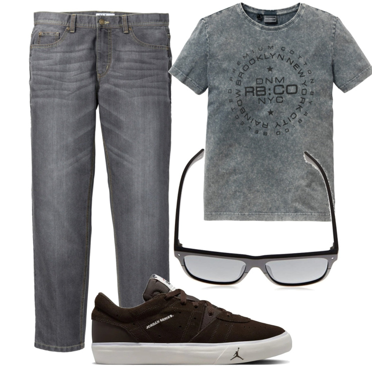 Outfit uomo - Sneakers marroni. Stile Casual per Tutti i giorni. Abbinamento con jeans dritti, t-shirt, occhiali da sole, sneakers.