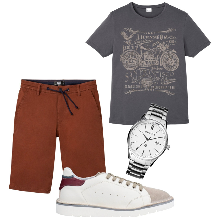 Outfit uomo - In bermuda. Stile Casual per Tutti i giorni. Abbinamento con t-shirt, bermuda, sneakers, orologi analogici.