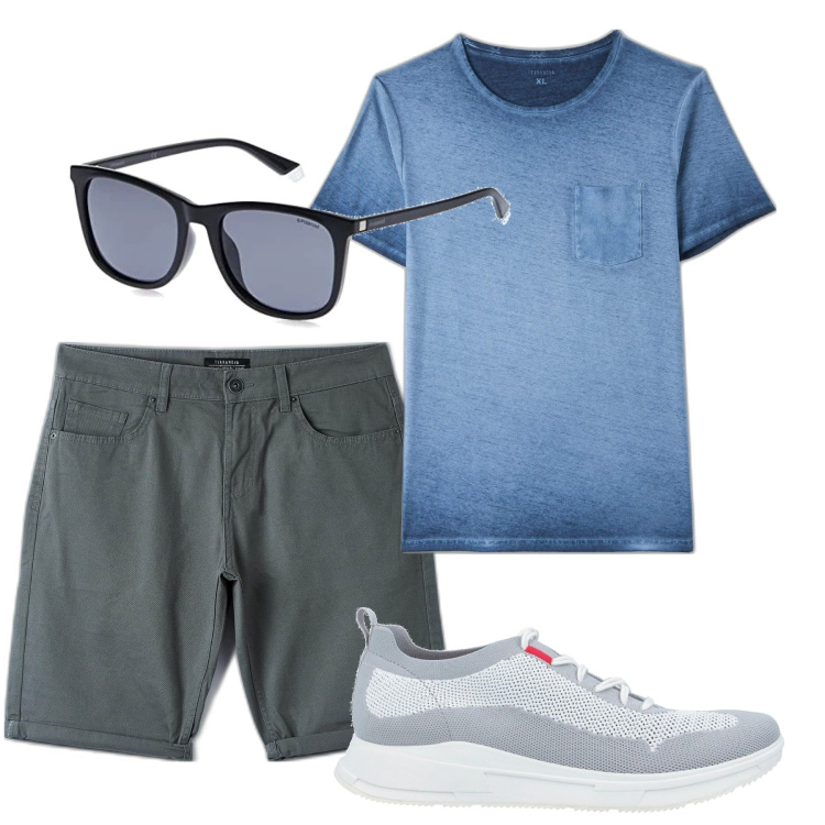 Outfit uomo - Sfumato. Stile Casual per Tutti i giorni. Abbinamento con sneakers, t-shirt, pantaloni, occhiali da sole.