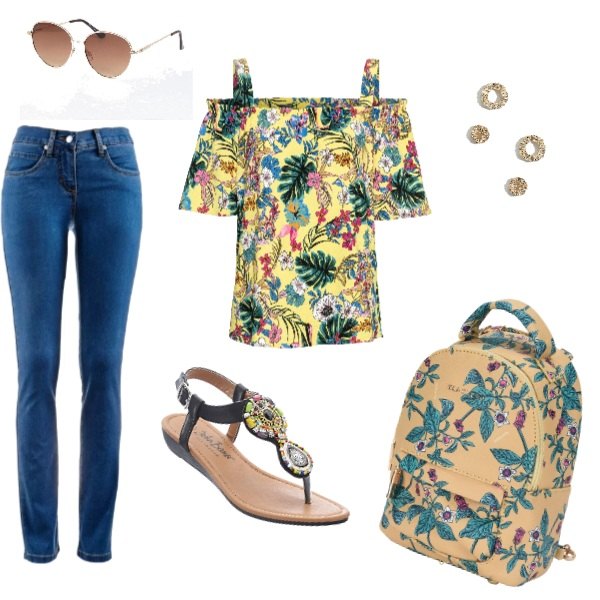 Outfit donna - E arrivata l\'estate. Stile Trendy per Tutti i giorni. Abbinamento con jeans dritti, blusa fantasia floreale con spalle scoperte giallo, sandali, zaini, occhiali da sole lenti colorate stanghette sottili, orecchini a bottone oro.