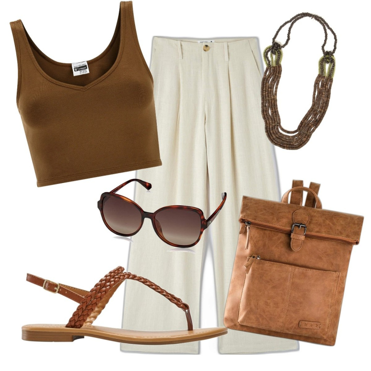 Outfit donna - In ufficio. Stile Basic per Ufficio. Abbinamento con zaini, ciabatte, pantaloni, top, collane, occhiali da sole.