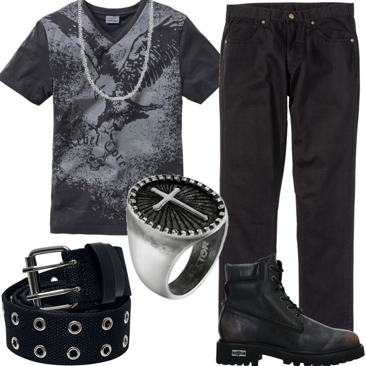 Outfit uomo - Pronto per il concerto. Stile Biker Rock per Serata speciale. Abbinamento con pantaloni, t-shirt, stivali e stivaletti, anelli, collane, cinture.