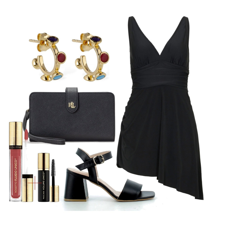 Outfit donna - Ghost outfitter - luglio. Stile Trendy per Serata fuori. Abbinamento con vestiti da spiaggia, sandali in pelle, pochette, orecchini, rossetti.