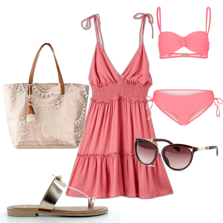 Outfit donna - Rosa per il mate. Stile Basic per Mare. Abbinamento con occhiali da sole, bikini, shopping bag, vestiti corti, sandali in pelle.