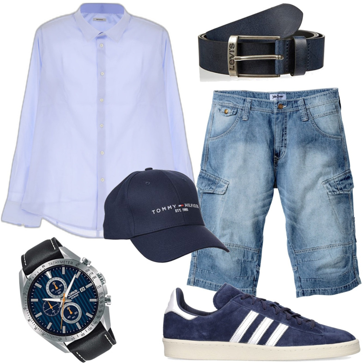 Outfit uomo - Aperitivo con regalo. Stile Casual per Tutti i giorni. Abbinamento con bermuda, camicie, sneakers, orologi analogici, cappelli con visiera, cinture.