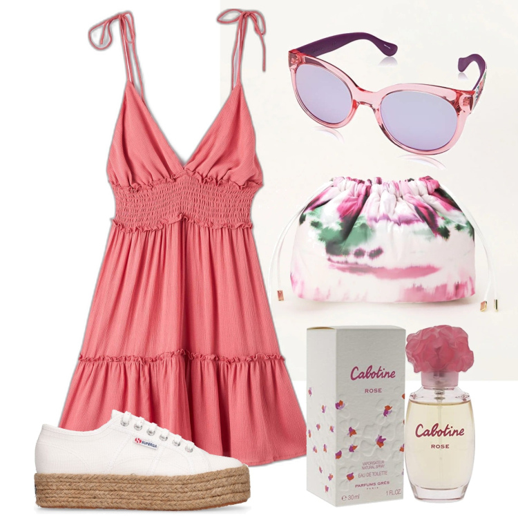 Outfit donna - Romantica in rosa. Stile Romantica per Tutti i giorni. Abbinamento con vestiti corti, pochette, sneakers, profumi, occhiali da sole.