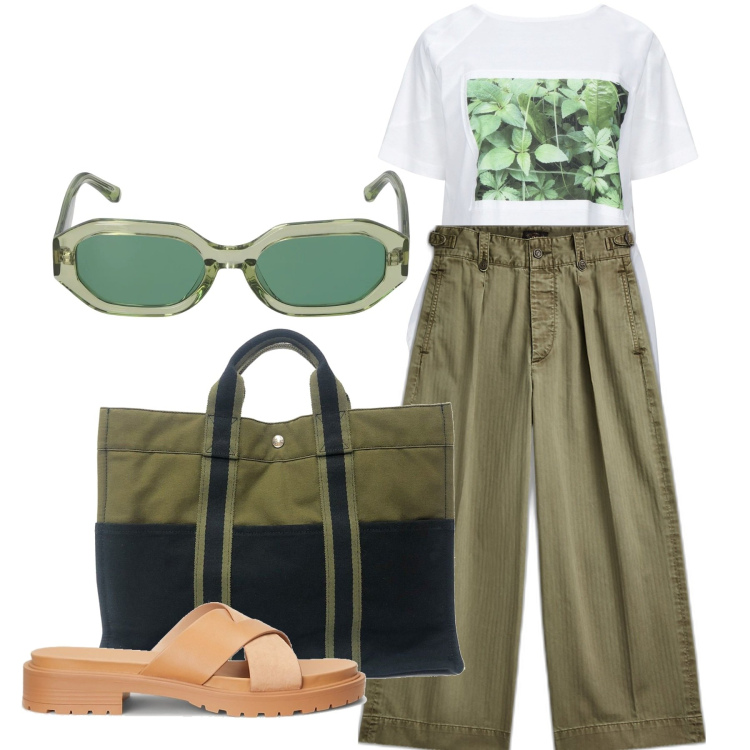 Outfit donna - Una puntata in facoltà. Stile Casual per Scuola/Università. Abbinamento con t-shirt, borse a mano, pantaloni, sandali in pelle, occhiali da sole.
