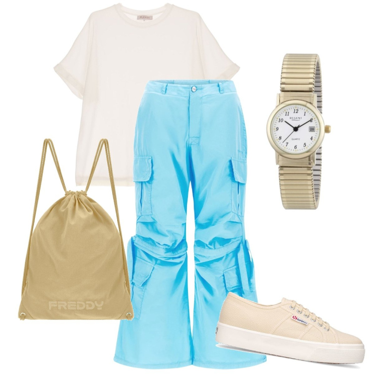 Outfit donna - Prove di hip hop. Stile Sporty chic per Sport. Abbinamento con pantaloni cargo, zaini, t-shirt, sneakers, orologi.