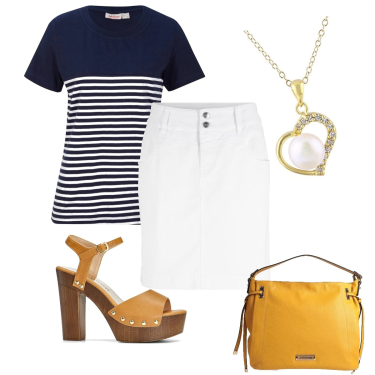 Outfit donna - Semplice ma carina. Stile Casual chic per Ufficio. Abbinamento con minigonne, t-shirt, sandali col tacco, borse a mano, ciondoli.