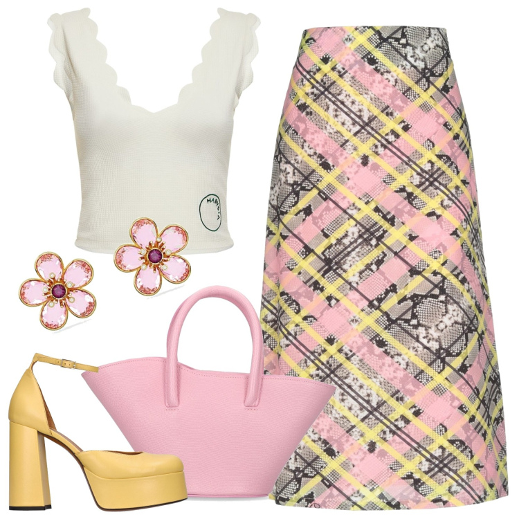 Outfit donna - Pastello & co.. Stile Trendy per Tutti i giorni. Abbinamento con gonne longuette, borse a mano, décolleté, top, orecchini.