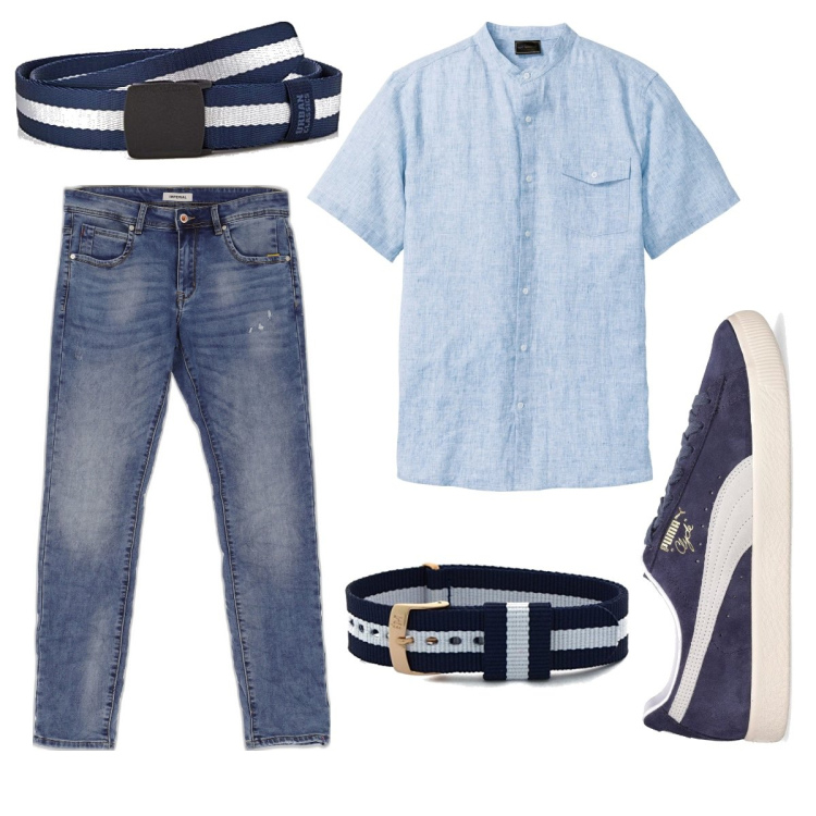 Outfit uomo - Serata estiva. Stile Casual per Tutti i giorni. Abbinamento con camicie a manica corta, jeans dritti, cinture, braccialetti, sneakers.