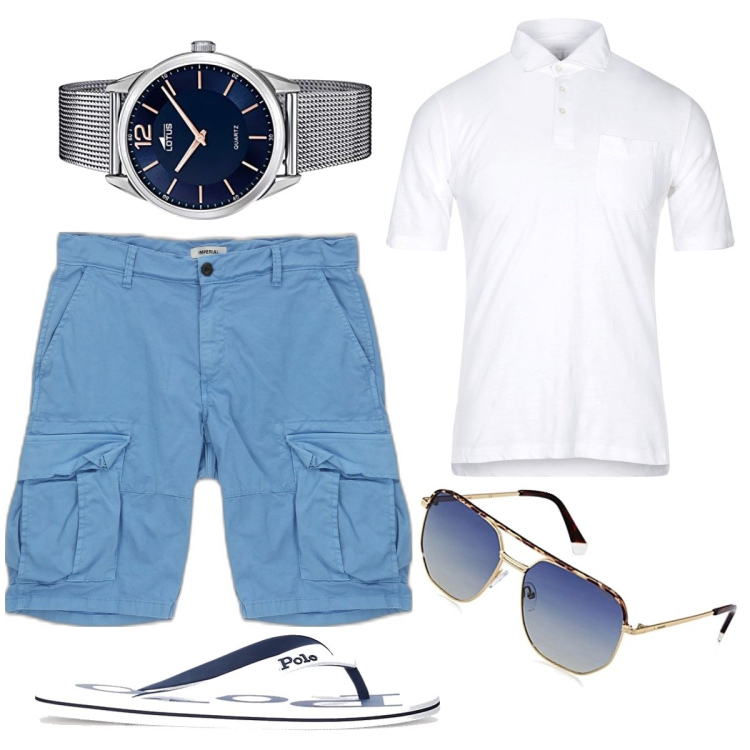 Outfit uomo - Infradito ma con stile. Stile Casual per Mare. Abbinamento con polo, bermuda, sandali, orologi, occhiali da sole.
