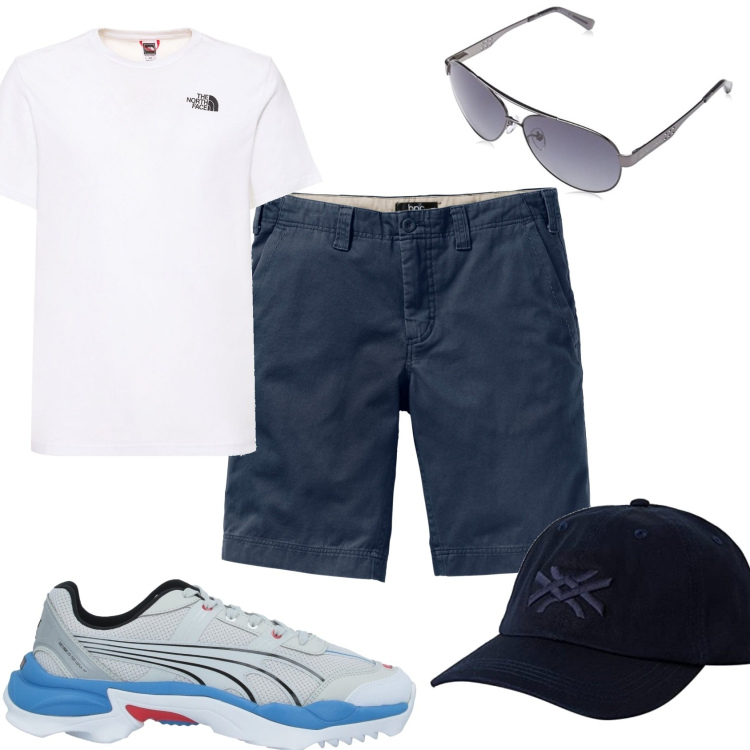 Outfit uomo - Bermuda e maglietta. Stile Casual per Tutti i giorni. Abbinamento con bermuda, sneakers, occhiali da sole, t-shirt, cappelli con visiera.