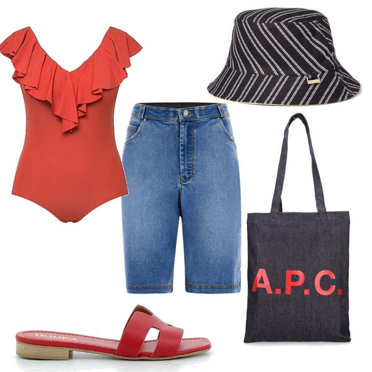 Outfit donna - Total look #1674514. Stile Trendy per Mare. Abbinamento con bermuda, sandali, cappelli con visiera, shopping bag, costumi interi.