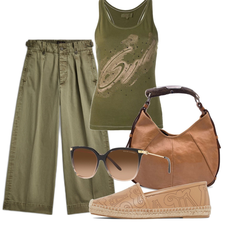 Outfit donna - Military in città. Stile Military per Tutti i giorni. Abbinamento con borse a mano, top, pantaloni, occhiali da sole, espadrillas.