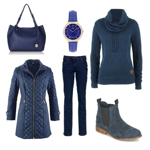 Outfit donna - Si torna in facoltà. Stile Basic per Tutti i giorni. Abbinamento con blazer, pullover blu e corda, jeans dritti, stivaletti blu, borsa a spalla navy, orologio con cinturino in oro rosa blu.