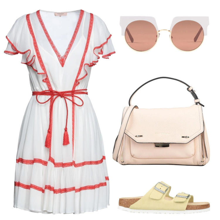 Outfit donna - Fresca. Stile Basic Abbinamento con sandali in pelle, vestiti corti, borse a mano, occhiali da sole.