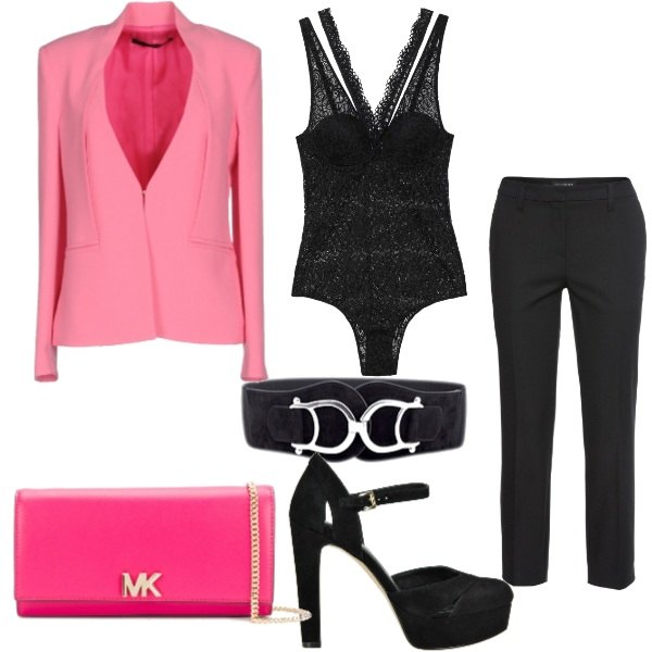 Outfit donna - Tocco di colore. Stile Chic per Serata fuori. Abbinamento con cinture, pantaloni, giacca scollatura profonda a maniche lunghe interno foderato crêpe, clutch in pelle taglia unica rosa, body con pizzo e scollo con bottoni nero, scarpe.