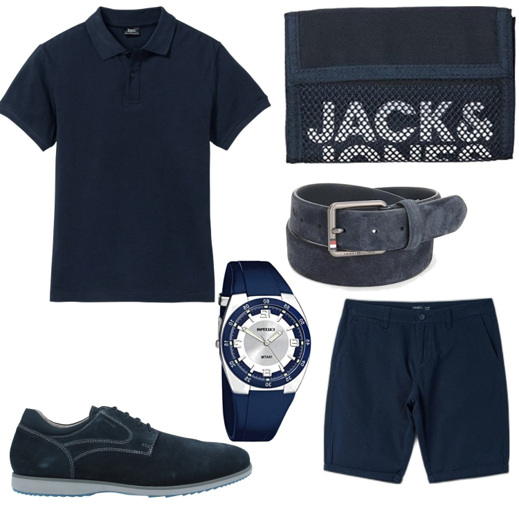 Outfit uomo - Total blue. Stile Casual per Tutti i giorni. Abbinamento con polo, scarpe stringate, bermuda, portafogli, orologi analogici, cinture.