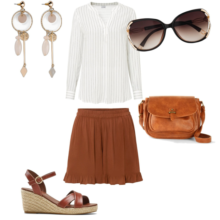 Outfit donna - Tramonto con Spritz. Stile Boho per Serata fuori. Abbinamento con borse a tracolla, orecchini, occhiali da sole, shorts, tuniche, sandali.
