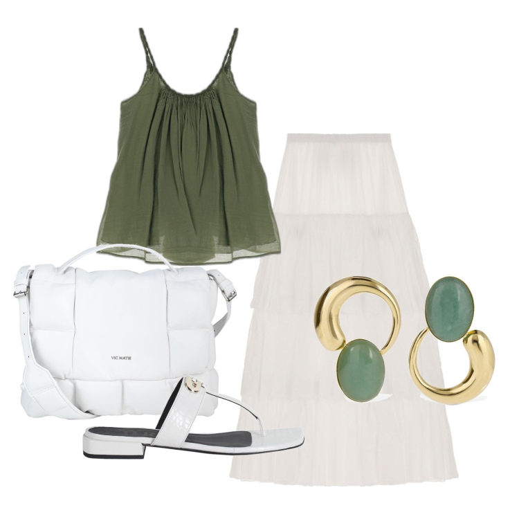 Outfit donna - Ghost outfitter - luglio. Stile Trendy per Tutti i giorni. Abbinamento con infradito, borse a tracolla, gonne lunghe, top, orecchini.