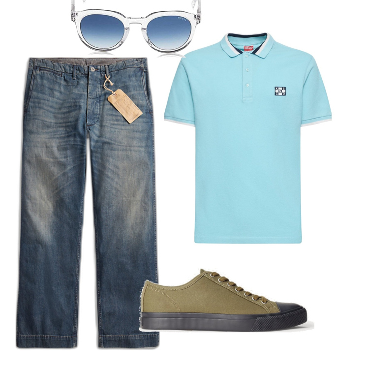 Outfit uomo - Con gli amici. Stile Casual per Tutti i giorni. Abbinamento con sneakers, pantaloni chino, occhiali da sole, polo.