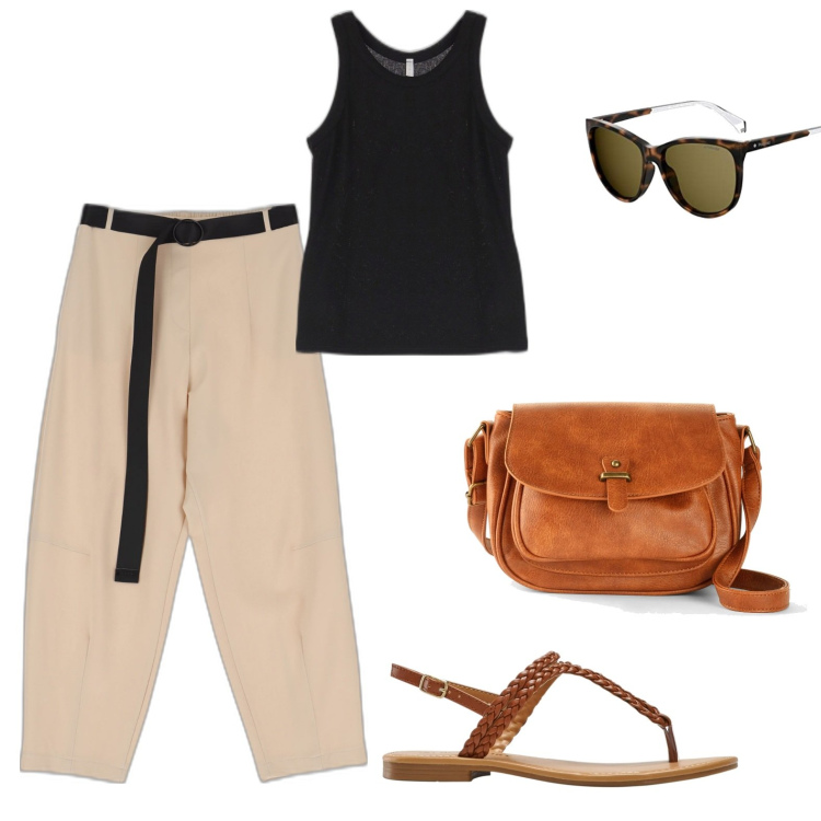 Outfit donna - Neutral look. Stile Casual per Tutti i giorni. Abbinamento con borse a tracolla, ciabatte, pantaloni, canottiere, occhiali da sole.