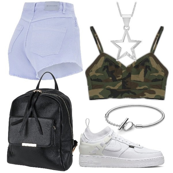Outfit donna - Adolescente al concerto. Stile Basic per Tutti i giorni. Abbinamento con zaini, top, shorts, sneakers, braccialetti, ciondoli.